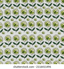 Vector seamless pattern doddle with flowers on a very light shade of the green background. Trendy hand-drawn textures. Modern abstract design for paper, cover, fabric, interior decor.
