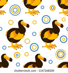 Vector seamless pattern with the Dodo bird. Cute character in simple flat style.