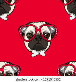 Vector seamless pattern with dog, bow and red glasses. Hand drawn pattern with funny pug. 1