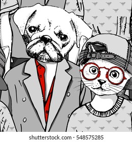 Vector seamless pattern with dog and cat.Vector white cat-girl and dog-boy. Hand drawn illustration of dressed dog and cat. Romantic date. 