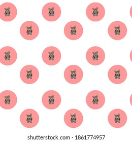 Vector seamless pattern of a dog corgi breed. Animalistic digital sketch of a cute puppy. Hand drawn animal on a circle background