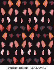 Vector seamless pattern with dog ears in cartoon style on dark background. Texture with ears of terrier, husky, beagle, dachshund for wallpaper, fabric