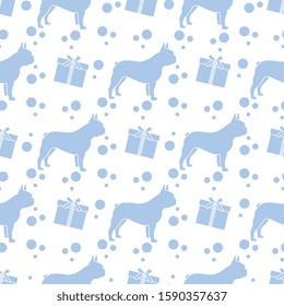 Vector seamless pattern with dog and gift. Animal background. Happy new year 2020, Merry Christmas, Birthday concept. Design for textile, wrapping, print.