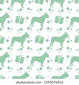 Vector seamless pattern with dog and gift. Animal background. Happy new year 2020, Merry Christmas, Birthday concept. Design for textile, wrapping, print.