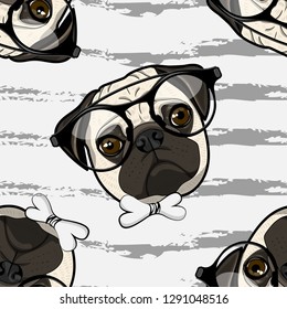 Vector seamless pattern with dog and glasses. Hand drawn pattern with funny pug. 5