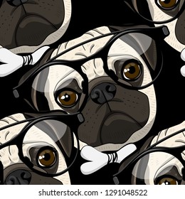 Vector seamless pattern with dog and glasses. Hand drawn pattern with funny pug. 7