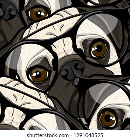 Vector seamless pattern with dog and glasses. Hand drawn pattern with funny pug. 8