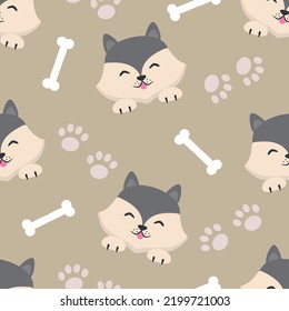 Vector seamless pattern with dog heads, bones and paws in cartoon style