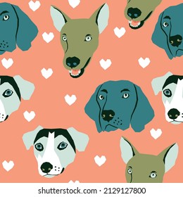 Vector seamless pattern with dog muzzles and hearts