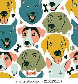 Vector seamless pattern with dog muzzles and dog life elements