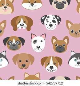 Vector seamless pattern dog muzzles on pink background