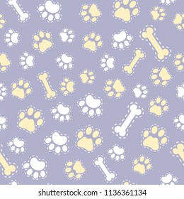 Vector seamless pattern with dog paw, bones, cat tracks. Stickers style pet background. Can be used for wrapping paper for shop zoo, web or design of banners, print on clothes for boys and girls. 