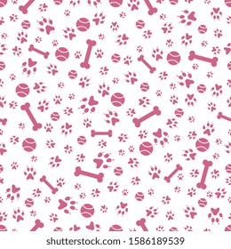 Vector seamless pattern with dog paw tracks, bone, tennis ball. Animal background. Pet footprints backdrop. Design for textile, wrapping, print.
