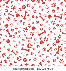 Vector seamless pattern with dog paw tracks, bone, tennis ball. Animal background. Pet footprints backdrop. Design for textile, wrapping, print.