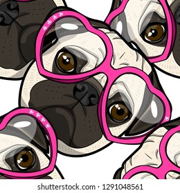 Vector seamless pattern with dog and pink glasses. Hand drawn pattern with funny pug. 2