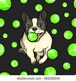 Vector seamless pattern dog playing in a tennis ball. English Bulldog running