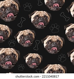 Vector seamless pattern of dog pug breed muzzle face head. Low poly polygonal graphic style. Many dog's heads with whiteline bones and paws on black dark background. For veterinary, print, card,shop
