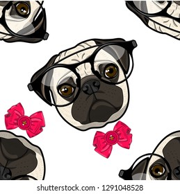 Vector seamless pattern with dog, red bow and glasses. Hand drawn pattern with funny pug. 1