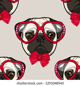 Vector seamless pattern with dog, red bow and red glasses. Hand drawn pattern with funny pug. 2