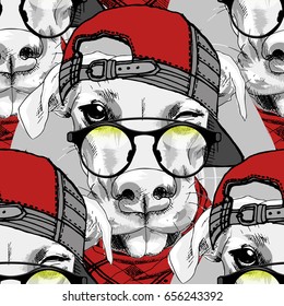 Vector seamless pattern with dog. Dog with red cap and glasses.

