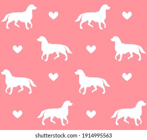 Vector seamless pattern of dog silhouette and hearts isolated on pink background