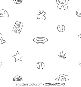 Vektor-nahtloses Muster mit Hundevorräten, Spielzeug und Lebensmitteln im Doodstyle für Ihr Design