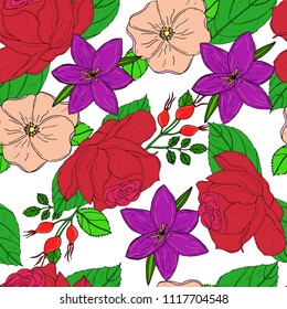 Vector seamless pattern with dogroses, red roses and violet crocuses on white background. Colorfull natural tracery.
