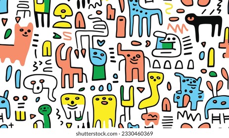 vector seamless pattern of dogs and cats in a whimsical doodle line art style and triadic solid pastel color scheme set against white background 