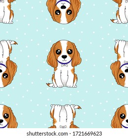 Vector seamless pattern with dogs with Cavalier King Charles Spaniel breeds of white and brown fur, with long ears and curly hair. Can be used as a background, wallpaper, fabric and for other design.