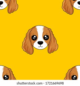 Vector seamless pattern with dogs with Cavalier King Charles Spaniel breeds of white and brown fur, with long ears and curly hair. Can be used as a background, wallpaper, fabric and for other design.