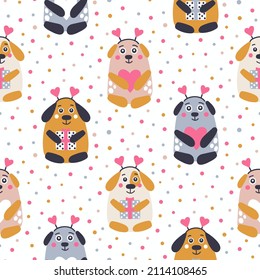 Vector seamless pattern with dogs. Cute hand drawn puppies with gifts. Funny background with smiling dogs and dots. Illustration for Valentines day. Love cartoon pattern.