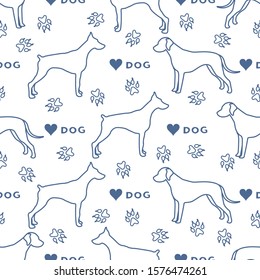Vector seamless pattern with dogs of different breeds, dog tracks, heart. Animal background. Pet shop, dog show, veterinary clinic concept. Design for textile, wrapping, print.