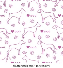 Vector seamless pattern with dogs of different breeds, dog tracks, heart. Animal background. Pet shop, dog show, veterinary clinic concept. Design for textile, wrapping, print.