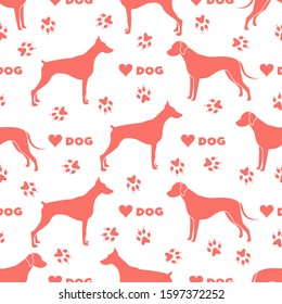 Vector seamless pattern with dogs of different breeds, dog tracks, heart. Animal background. Pet shop, dog show, veterinary clinic concept. Design for textile, wrapping, print.
