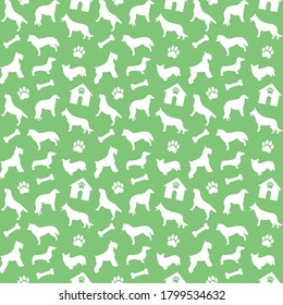 Vector seamless pattern. Dogs of different breeds with booth, bones and paw icons, isolated on green background. Veterinary clinic or pet shop concept, print for textile