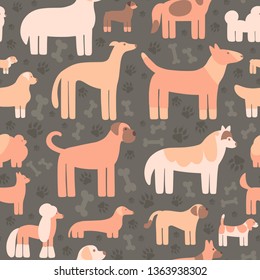 Vector seamless pattern of dogs in a flat style. Collection of pets.