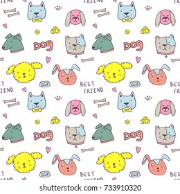 Vector seamless pattern with dogs. Hand drawn ink illustration, sticker design