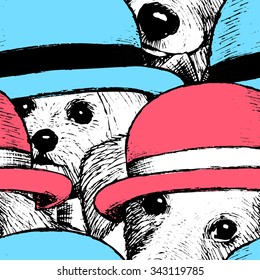 Vector seamless pattern with dogs in hats. Blue and pink hats.