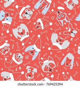 Vector seamless pattern and dogs in Santa Claus hat symbol 2018 Chinese new Year  Can be printed   used as wrapping paper  wallpaper  textile  fabric  coloring page  etc  