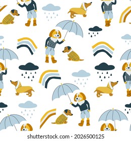 Patrón vectorial sin fisuras con perros, paraguas, gotas de lluvia y arcos. El clima otoñal. Paraguas de la bodega del perro, ilustración vectorial de la tela del perro