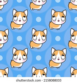 Vector seamless pattern with dogs with Welsh Corgi  breeds of white and brown fur, with long ears and curly hair. Can be used as a background, wallpaper, fabric and for other design.