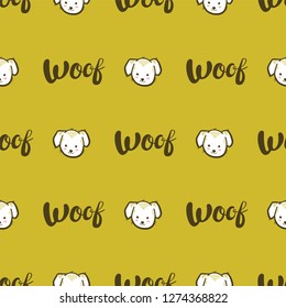 Vector seamless pattern with dogs and Woof lettering on golden-yellow background