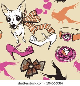 vector seamless pattern with dogs,birds and fashion things