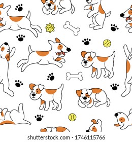 Vector seamless pattern with dogs.Cute funny puppies play, jump, sleep.Children textile.Hand doodle illustration on white background.