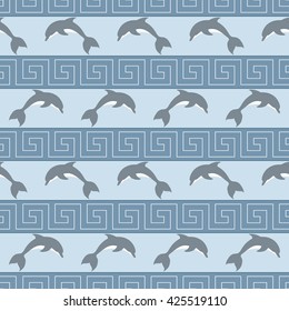 Vector seamless pattern with dolphin and greek border ornaments. Perfect for wallpaper, wrapping paper, web page background.