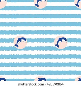vector, seamless pattern Dolphin on wave background, beige circle on a blue band,