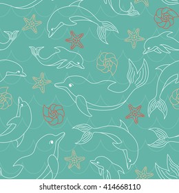 Vector seamless pattern with dolphin, starfish and shell on turquoise  background. Perfect for wallpaper, wrapping paper, web page background.