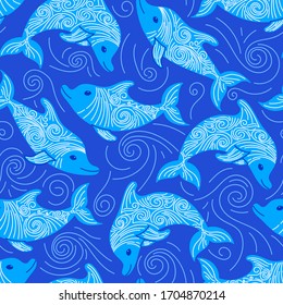 vector seamless pattern with dolphins