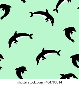 Vector seamless pattern with dolphins, Jumping dolphins monochrome seamless pattern, Dolphins vector illustration, Textile dolphins pattern, Wrapping paper dolphins background