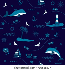 Vector seamless pattern with dolphins, sailing boat, anchor, steering wheel, lifebuoy and seagull. Cute Marine pattern for fabric, baby clothes, textile, wrapping paper and other decoration.